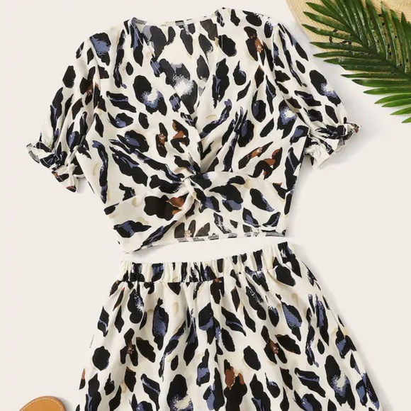 Leopard Print Twist Front Blouse With Shorts - Picture 1 of 8